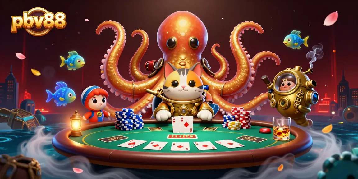 Engage with the thrilling world of pbv88 casino, showcasing a vibrant kraken and diving cat in a poker scene.