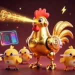 luongsontv showcases a vibrant 3D scene with a golden rooster robot engaging in exciting gambling-themed elements.