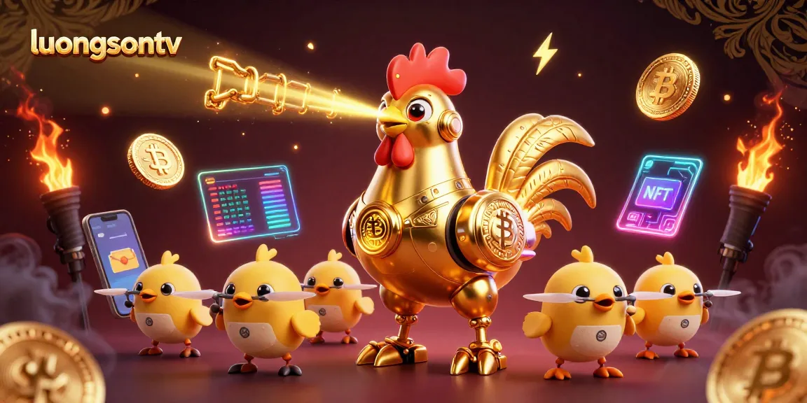 luongsontv showcases a vibrant 3D scene with a golden rooster robot engaging in exciting gambling-themed elements.