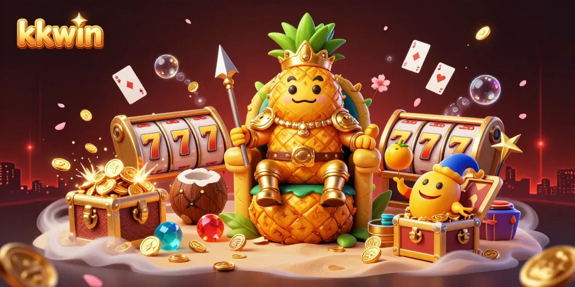 Experience thrilling gameplay at kkwin, featuring vibrant slot reels and exciting characters in a lively casino scene.