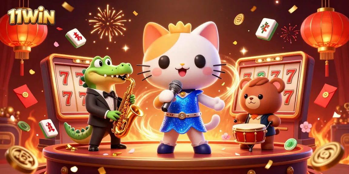 Win big with 11WIN in this vibrant casino-themed illustration showcasing fun characters.