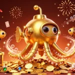 Join the rr88 celebration with a golden kraken submarine, treasure chests, and vibrant casino elements.