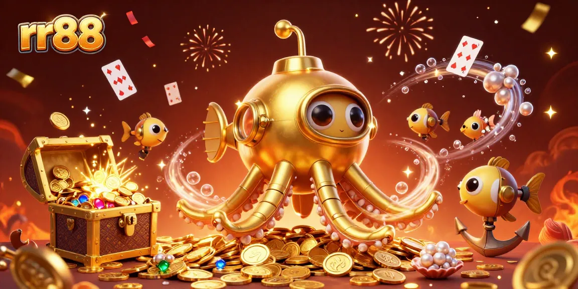 Join the rr88 celebration with a golden kraken submarine, treasure chests, and vibrant casino elements.