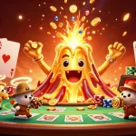 Miso88 players winning treasures from the erupting golden volcano in a vibrant casino scene.