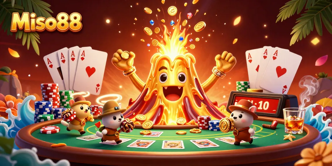Miso88 players winning treasures from the erupting golden volcano in a vibrant casino scene.
