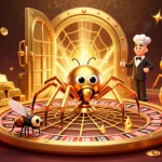 Experience thrilling gameplay at hello88 with a golden spider spinning a roulette web in a vibrant casino scene.