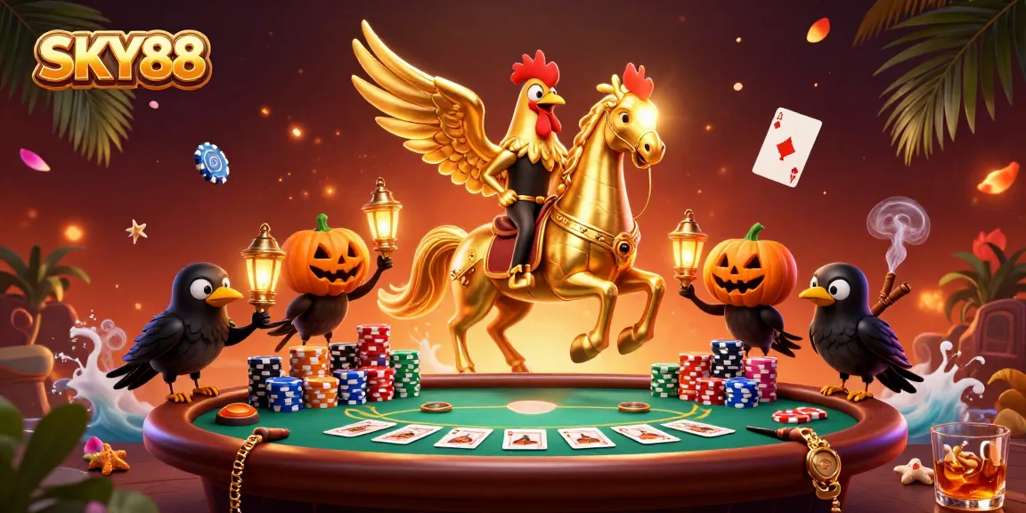 Experience thrilling wins at SKY88 Casino with a golden rooster and spectral horse carousel.