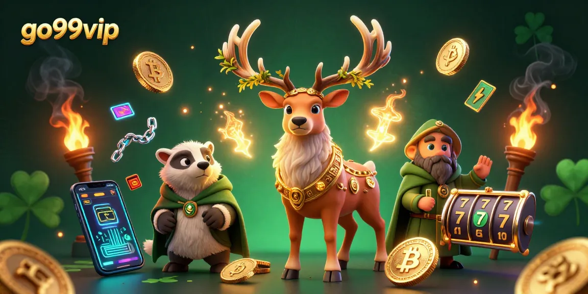 Engage with go99vip for thrilling online slots, showcasing a mystical druid and vibrant crypto elements.