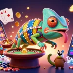 Sunwin casino features a colorful chameleon owner amidst exciting gambling elements like slots and cards.
