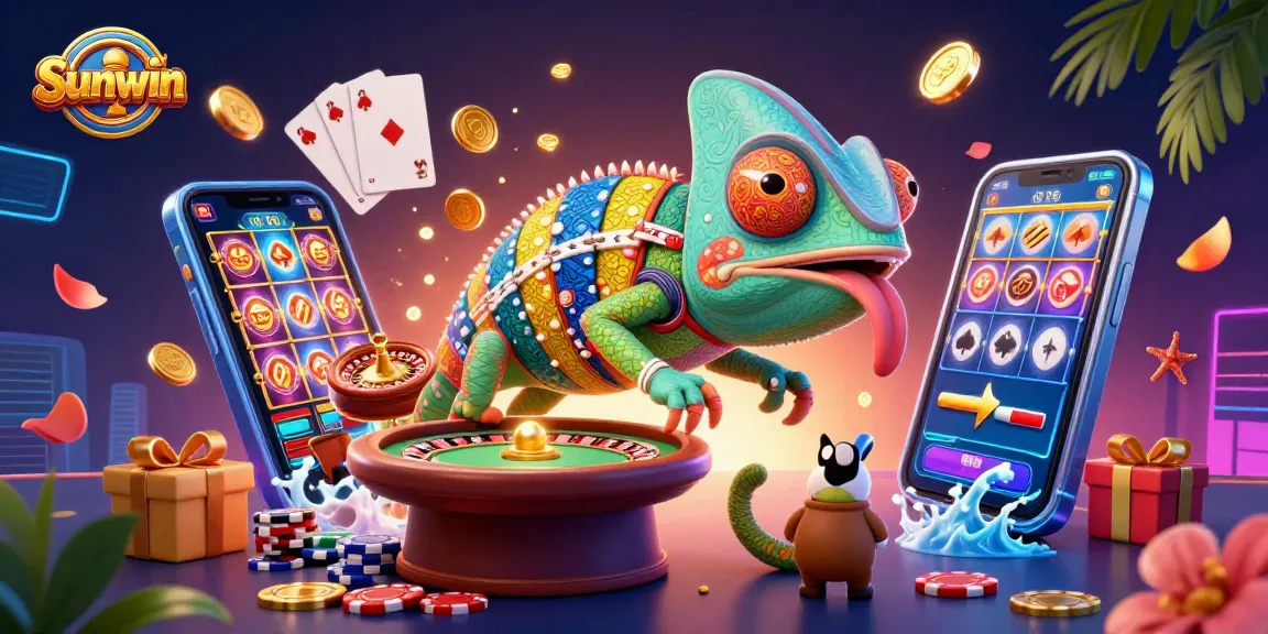 Sunwin casino features a colorful chameleon owner amidst exciting gambling elements like slots and cards.
