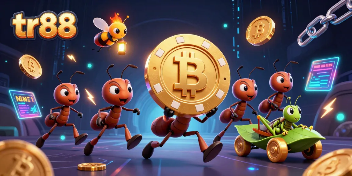 Experience the thrill of tr88 gambling with cartoon ants heisting a giant poker chip.