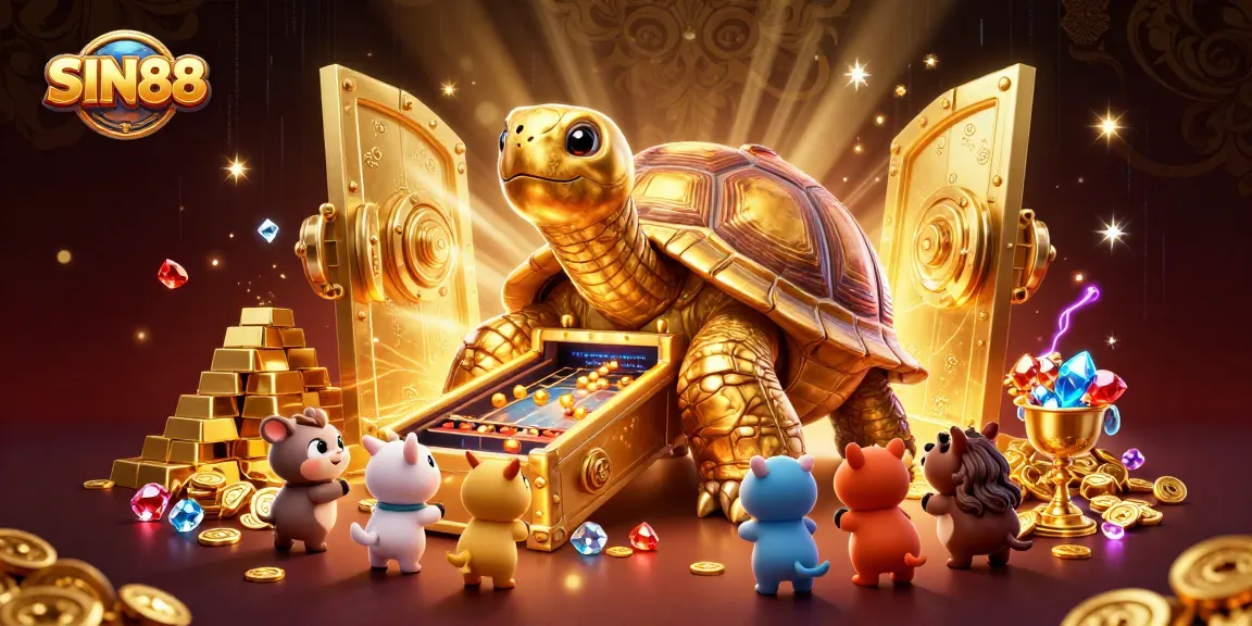 Experience thrilling gaming with SIN88, featuring a colossal tortoise pinball machine in a treasure-filled casino.