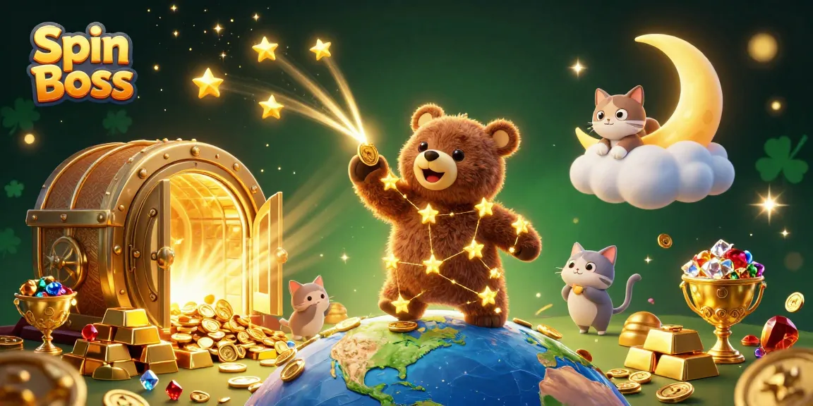 Spin Boss shines bright in a vibrant casino scene, filled with sparkling treasures and gaming excitement.
