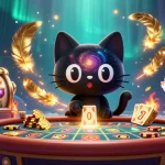No deposit casino bonuses illustration featuring a cosmic casino table with vibrant characters, gold chips, and slot reels.