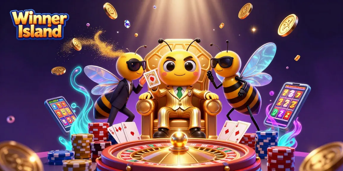 Experience gambling thrills at Winner Island with a vibrant, dynamic casino scene featuring engaging characters and gold coins.