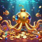 Experience thrilling action with b52 com's golden kraken submarine game illustration amidst slot reels and treasure.