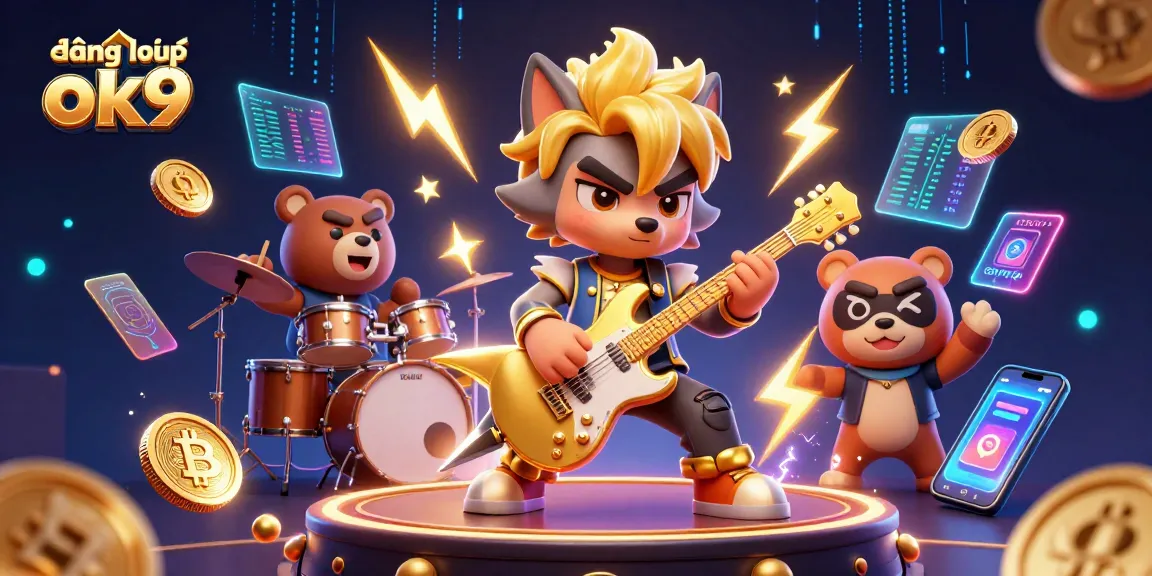Experience the excitement of gambling with đăng nhập ok9 showcasing vibrant illustrations of a rock star wolf and playful bear.