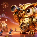 Experience casino excitement at lv88 with a 3D golden owl overseeing slot machines and festive treasures.
