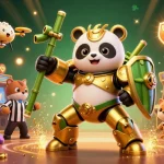 Join the excitement at ea88 casino with a golden panda in a dynamic gaming arena, surrounded by vibrant arcade machines.