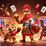 Engage with สล็อตเว็บตรง in a vibrant 3D casino scene featuring a gladiator rooster and slot game elements.