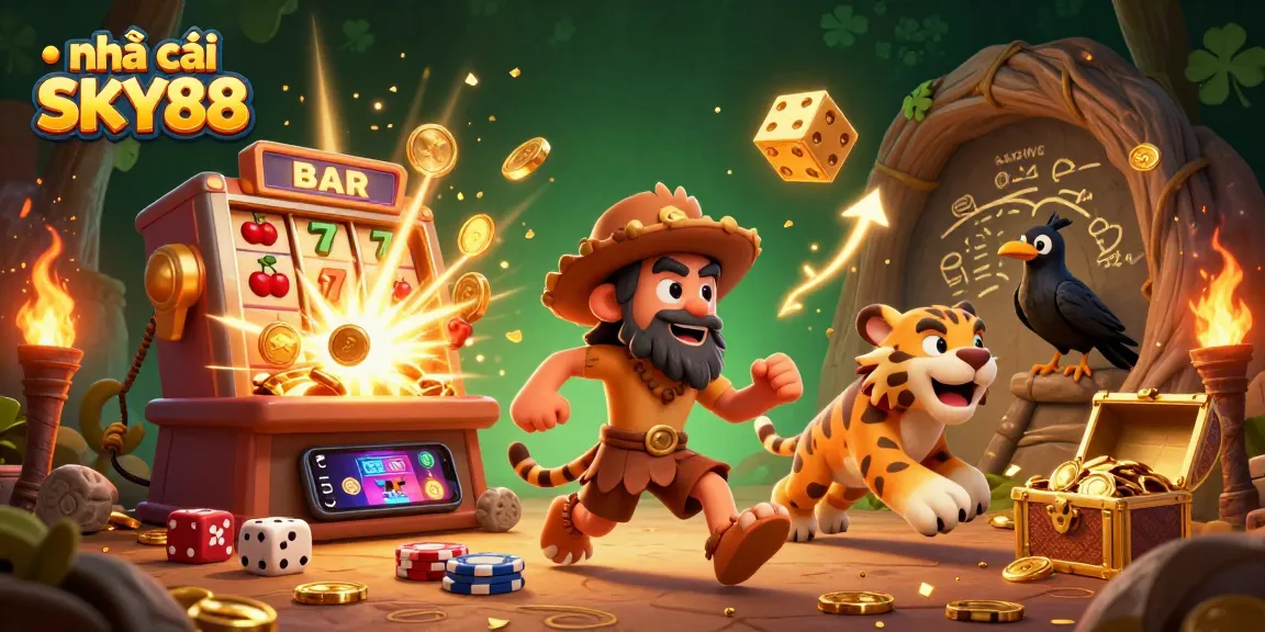 Experience the thrill of nhà cái SKY88 with a vibrant prehistoric casino scene, showcasing exciting gameplay.