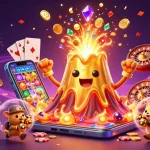 Winning on crazyvegas with a golden volcano erupting coins and treasure in a vibrant casino scene.