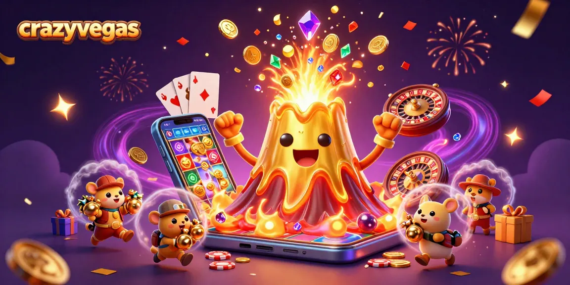 Winning on crazyvegas with a golden volcano erupting coins and treasure in a vibrant casino scene.