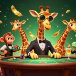 Experience the excitement at qs88 with a high-roller giraffe, monkey valet, and chameleon bartender amidst vibrant casino elements.