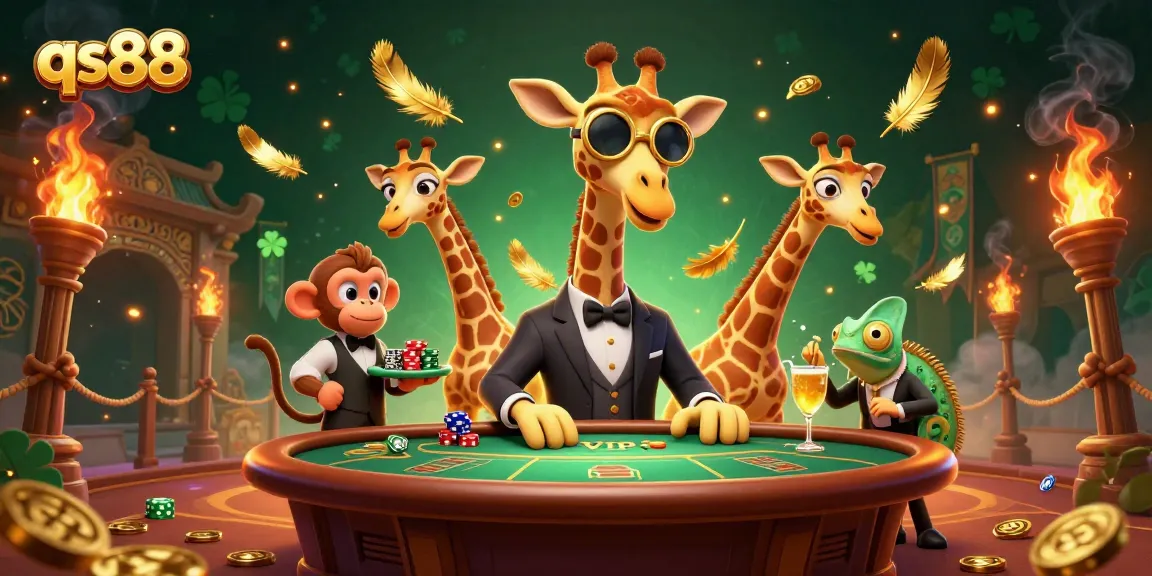 Experience the excitement at qs88 with a high-roller giraffe, monkey valet, and chameleon bartender amidst vibrant casino elements.