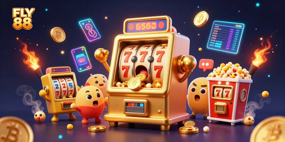 Spin to win with FLY 88 in this vibrant slot machine illustration showcasing a jackpot celebration.