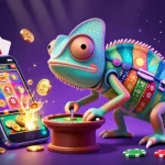 Experience the vibrant casino world with KP88 featuring a chameleon owner grabbing golden coins amid slots and poker elements.