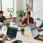 Build internal tools with AI in a collaborative tech workspace, showcasing vibrant brainstorming and coding activities.