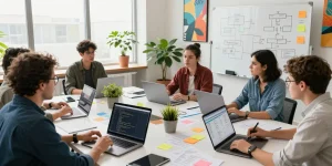 Build internal tools with AI in a collaborative tech workspace, showcasing vibrant brainstorming and coding activities.